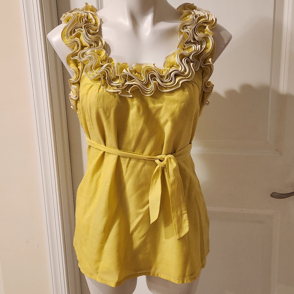 Baraschi Small Yellow Blouse With Floral Design Around Neck Line